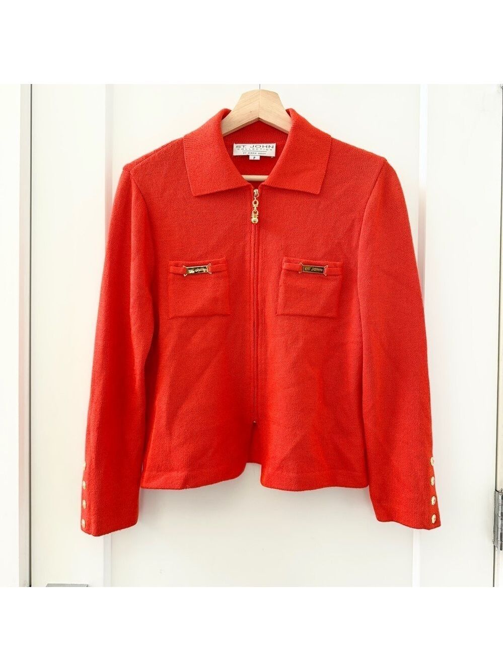 St. John Collection "Orange Poppy" Knitted Full Zip Jacket Gold detail Sz P